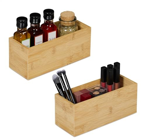 Relaxdays Aufbewahrungsbox Bambus, 2er Set, Ordnungsbox ohne Deckel, HBT: 9,5x23x9 cm, Bambusbox Küche, Bad, Büro, Natur