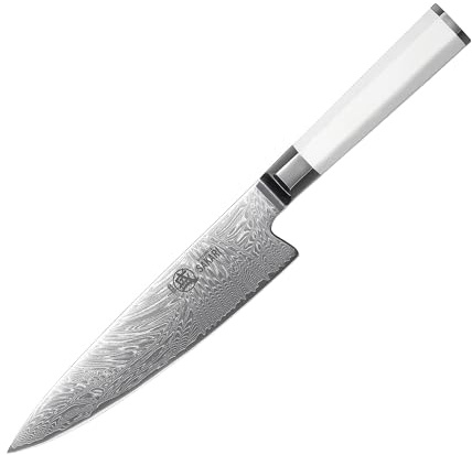 MITSUMOTO SAKARI Coltello da Cucina Giapponese Damasco, 8 Pollici - Lama in Acciaio VG-Pro Estremamente Affilato, Taglio Preciso per Carni e Verdure, Manico Ergonomico G10 con Presa Comfort