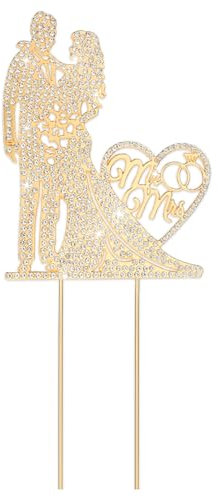Ymapinc Mr and Mrs Wedding Cake Topper,Elegant Bride and Groom Gold Rhinestone Metal Mr and Mrs Wedding Cake Topper for Bridal Shower, Anniversary, Engagement Party Decorations Supplies