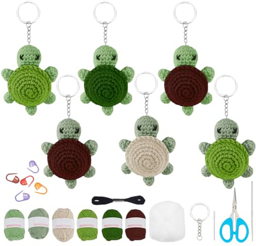 WEBEEDY 6 Set Tier Häkelset Für Anfänger DIY Schildkröten Schlüsselanhänger Strickset Für Erwachsene Mit Schritt Für Schritt Video Tutorials Und Bunten Garnen Haken Zubehör