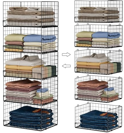 Yociyoga 5-Tier Stackable Closet Organizers and Storage Shelves, Closet Shelf Organizer Basket Bins, Foldable Sweater Storage for Closet Organizer System, Black(Patent 30022416)