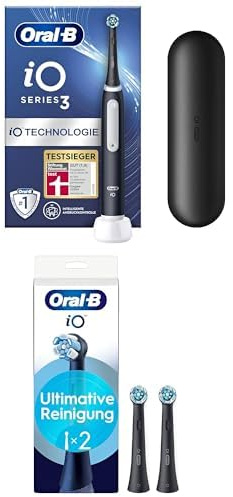 Oral-B iO Series 3 Elektrische Zahnbürste, Magnet-Technologie, Reiseetui, Matt Black + Oral-B iO Ultimative Reinigung, Original Aufsteckbürsten für elektrische Oral-B iO Zahnbürsten, Schwarz, 2 Stück