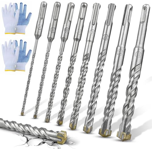 GZcaiyun SDS Plus - Set di 8 punte per trapano per calcestruzzo, dimensioni 4,5,6,8,10,12,14,16 mm × 160 mm, set di punte per trapano per calcestruzzo, pietra, legno, mattoni, con 2 paia di guanti