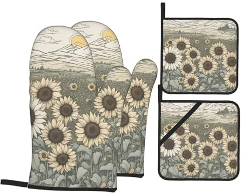 Set of 4 Oven Mitts and Pot Holders Chamomile Sunflowers Kitchen Gloves Heat Resistant Household Essentials