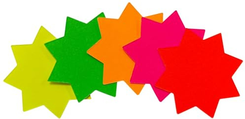 Janrax Pack of 100 Assorted Coloured Neon Fluorescent Stars 42mm, Starburst Paper Shapes for Price Signs, Labels, Classroom Displays, Notices & Crafts