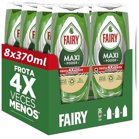 Fairy - Maxi Poder Lavavajillas Liquido a Mano - 3L (8 x 370 ml). Con Poder Antigrasa, Limpieza Facil Platos, Ollas Y Sartenes Mas Grasienta. Fairy Maxi Poder