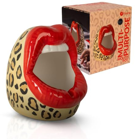 Fisura – Cenicero original “boca” con estampado de leopardo. Cenicero de cerámica para regalo. Para cocina, exterior o interior. Macetero original. 9,5 x 12 cm