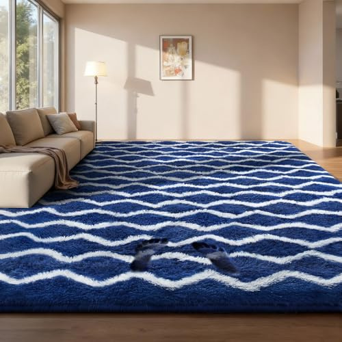 Sour Lemon Rugs Living Room 120x160cm, Blue and White Striped Area Rug for Bedroom Anti Slip, Extra Large Shaggy Fluffy Rug, Modern Washable Floor Carpets for Lounge, Bedside Rugs for Kids Room