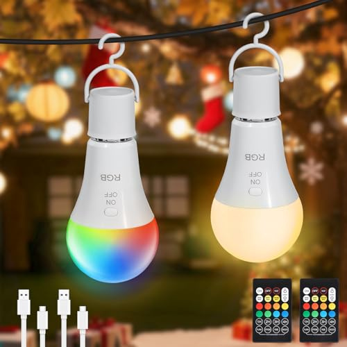 Dehobo Ricaricabile Lampadina LED E27 Con Funzione Temporizzazione - Luci LED a Batteria 7 W Con Telecomando - Lampada Campeggio 3 Temperature di Colore - RGB Dimmerabile Lampada Emergenza, 2 Pack