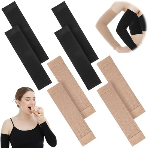 4 Paar Kompressions-Armstulpen für Damen, Übergröße, Armformer, Oberarm-Kompressionsmanschetten, elastische Bauchweg-Fitness-Former (2 Schwarz, 2 Haut)