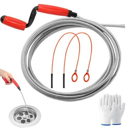 Alambre Desatascador Tuberias,5M*6mm, Limpiador de Desagües con Manivela, Desatascador Tuberias, para Fregaderos, Cuartos de Baño y Desagües