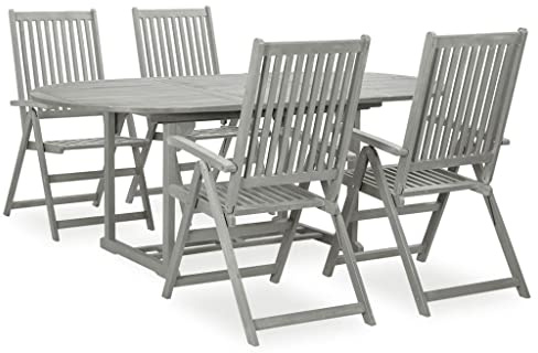 QJBSAVVA 5-TLG. Garten-Essgruppe klappbar aus Akazienholz 150-200x100x74 cm grau Feste Lasierung 5-Fach verstellbare Rückenlehne platzsparendes Balkonmöbel Set für Garten Terrasse
