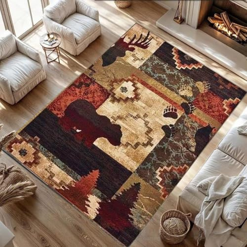 Alfombra de retazos, 110 x 150 cm, antideslizante, lavable a máquina, pelo corto, alfombra vintage para sala de estar, entrada, oficina, escritorio, mesita de noche, dormitorio, diseño geométrico