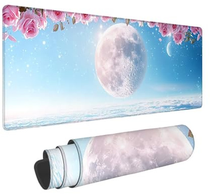 Tapis de Souris de Jeu, 800 x 300 mm XXL Tapis Souris Gaming Grand, Antidérapant Étanche, iExtended Long Clavier Mouse Pad XXL, Accessoire Bureau, pour Gamer, Ordinateur, PC (Lune Fleurs) i-911