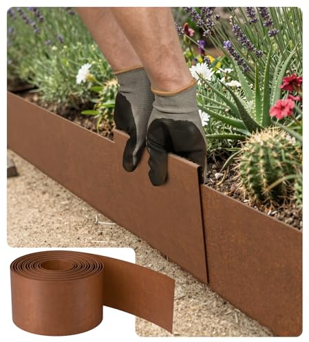 Corten Rabattkant i stål 5 meter – metallträdgårdsinfattning 15 cm hög, tjocklek 0,6 mm – stålkant för gräsmattor, metallgräskant, inkl. Innehåller ett par handskar och en metallkontakt