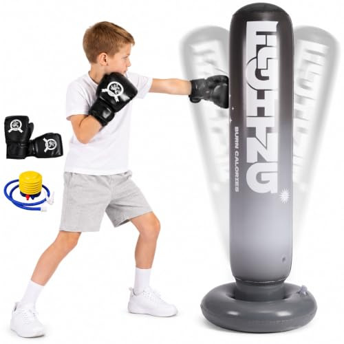 CYFIE Aufblasbarer Boxsack für Kinder 150 cm, mit Boxhandschuhen & Pumpe | Schlagfest Standboxsack für Jugendliche Anfänger, Geschenk für Jungen Mädchen, Geeignet für Karate, Taekwondo, MMA