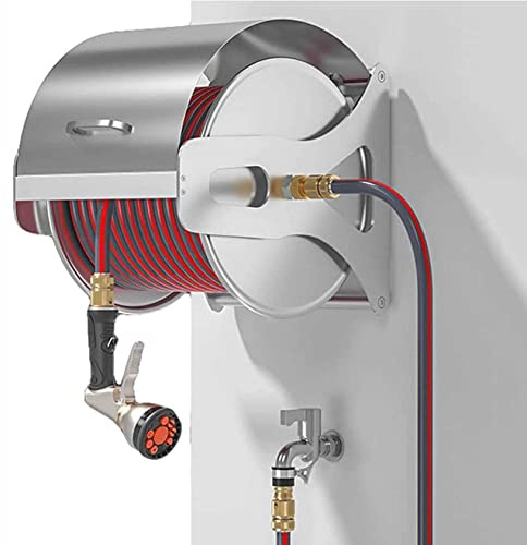 Garden Hose Reel, Wall Mounted Stainless Steel, Removable or Retractable Hose Storage Holder for Outdoor Use