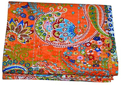 Kiara - Couvre-lit indien fait à la main - Coton Kantha avec imprimé floral cachemire et points - Réversible - Pour lit double, 2 dimensions, Coton, Fruit Orange, Queen Size