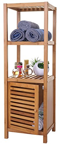 Mendler Badregal HWC-B18, Standregal mit Tür, Bambus - 110x36x34cm | Badezimmer, Badschrank