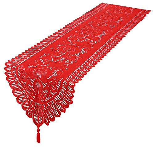 mookaitedecor Spitze Tischläufer mit Fransen Deckchen Modern Deko | 33 x 180 cm Rot Blumenmuster Tischdecke Leicht Pflegende Tischläufer, Waschbar Fleckenabweisend Spitzenfeckchen Deko
