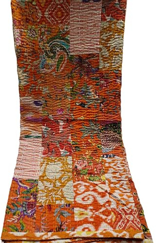 Indische handgemachte Block Print Patch Work Kantha Quilt Decke Tagesdecke Patch Kantha Throw Hippie Ethnische Kantha Rallyes Bohemian Sari Patchwork Bettdecke (Orange Patchwork, 90 X 108)