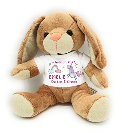 Kilala Kuscheltier Hase klein, Schulkind Plüschtier mit Wunschname personalisierbar, Einhorn mit Regenbogen Geschenk für Schultüte Einschulung Mädchen