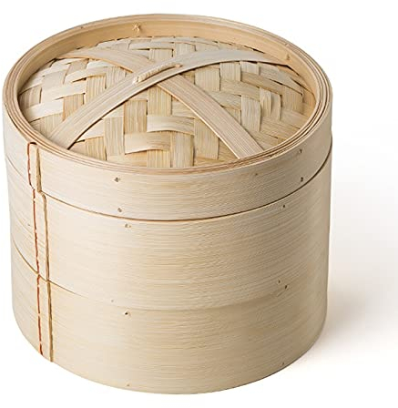 Vaporiera Per Alimenti, 2 Livelli Φ 23Cm Cestello Per Cottura A Vapore in Bambù Fornello Per Alimenti Per Cottura Di Riso Naturale Cinese Con Coperchio