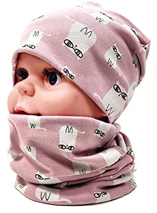 FUYAO Set di berretto e sciarpa in cotone per neonati e bambini, caldo per primavera, autunno e inverno, ideale per ragazzi e ragazze, Gatto rosa., 6-24 mesi