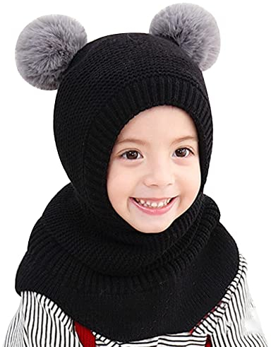 Schalmütze, Babymütze Mädchen Jungen Strickmütze mit Bommel Samtfutter Kleinkind Earflap Mütze Baby Schalmütze Schlupfmütze Neugeborene Mütze Warme Beanie für Baby Junge Mädchen 0-3 Jahre
