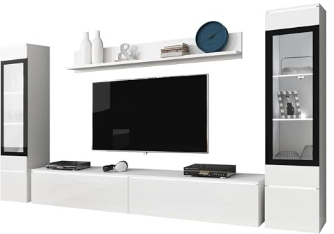 Mirjan24 Wohnwand Doppo II, Schrankwand, griffloses Öffnen, Anbauwand, Fernsehschrank, Mediawand, Wandregal, TV-Lowboard, 2X Hängevitrine (Weiß/Weiß Hochglanz, mit weißer LED Beleuchtung)