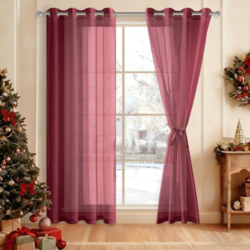 DWCN Sheer Voile Vorhänge mit Ösen Transparente Gardinen Ösenvorhang | Weinrot, 225x140cm(HxB), Vorhang mit Vorhang-Krawatten Schienensystem Vorhänge für Wohnzimmer, Schlafzimmer, 2 Stücke