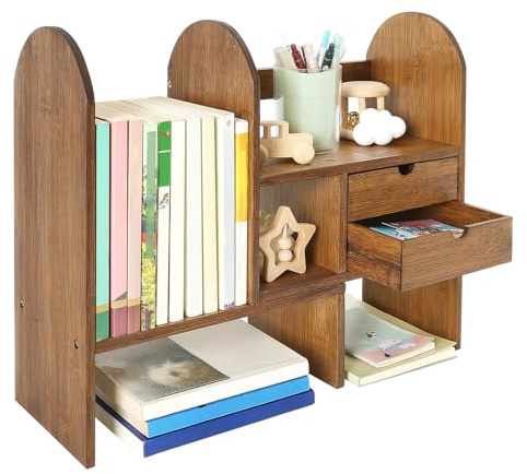 GUUSII HOME Skrivbordsbokhylla Organizer för kontor Skrivbordshylla med lådor för sovrum Dresser Adjustalbe Bamboo Hyllor för balkong Liten förvaring för kök Stående hylla för växter Böcker (Brun)