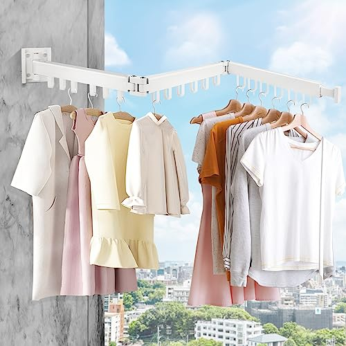 SWAWIS Stendino da Parete Stendino da Muro 120 cm Piccolo Pieghevole Balcone Stendibiancheria da Parete Esterno Alluminio con 18 Ganci per Bagno Balcone Lavanderia, Bianco