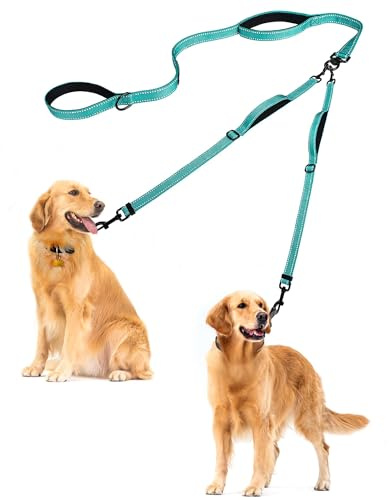 PetBonus Double Dog Leash, No Tangle Dual Leash, Reflective Walking Training Lead, 4 Comfortable Padded Handles for 2 Dogs with Collapsible Bowl and Waste Bags (Turquoise, Large)