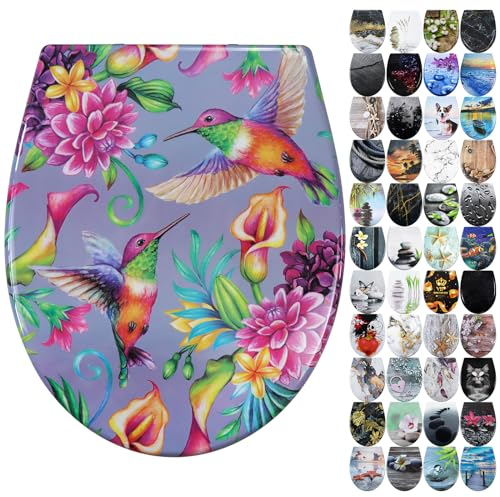 Fanmitrk Abattant de WC avec système d'abaissement automatique en Duroplast avec fermeture rapide - Montage par le haut - Siège de toilette avec motif fleur d'oiseau
