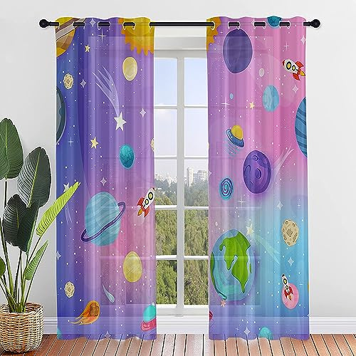 ENEN 2er Set Scheibengardinen Modern Halbtransparent Bistrogardine, 3D-Weltraumplanet Schlaufengardinen Gardinen Küche, Türgardine für Kleine Kinderzimmer Wohnzimmer (107x160cm,Lila Stern)