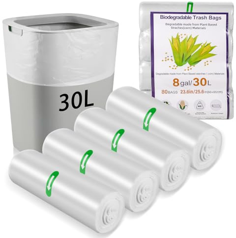 80 x 30 Liter Bin Bags, 23.6 * 25.6 in/8Gallon Food Waste Bag 4 Roll White | (60x65cm) Kitchen Bin Liners Food Caddy Bags Caddy Bin Liners for Office Bathroom Kitchen Garbage Bin