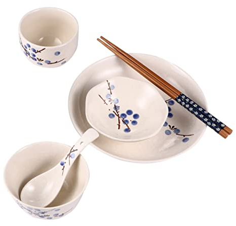 Alipis Stoviglie in Ceramica Per Casa Ciotola Piatto Tazza Cucchiaio e Bacchette Stampa Fiori Di Prugno Resistente e Pratico Facile Da Pulire