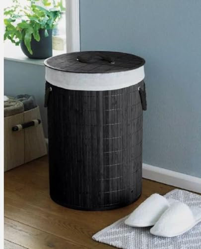Bamboo Laundry Basket With Lids & Liner Foldable Washing Clothes Bin Hamper UK (Round Charcoal)