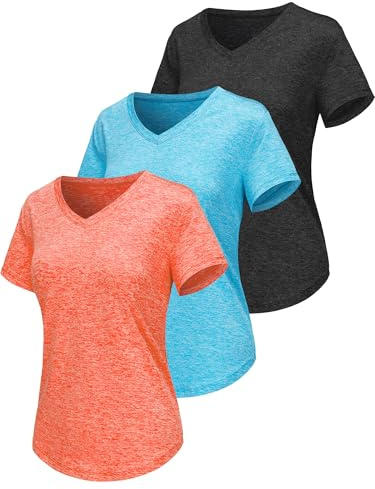 Sportshirt Damen Kurzarm V-Ausschnitt UPF 50+ Sport Fitness T-Shirts Atmungsaktiv T-Shirt Laufshirt für Funktionsshirt Workout Top Gym Yoga