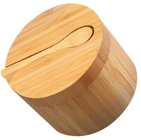 Holibanna Salero De Madera Con Tapa Magnética Giratoria 150 Ml, Recipiente Redondo Para Condimentos, Cuchara Incluida, Práctico Para Cocina Doméstica, Camping y Restaurante