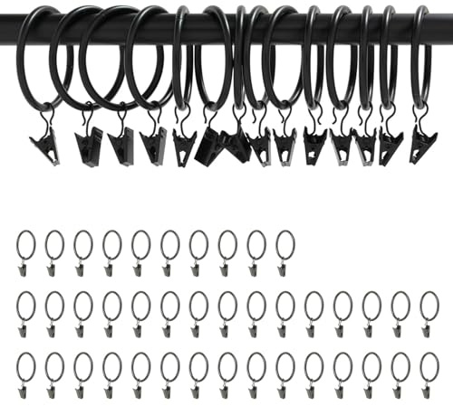 LINTRA 40 Stück Gardinenringe mit Clips, 32 mm Innendurchmesser Vorhangringe, Schwarz Gardinen Ringe, Vorhang Klammern, mit Clip, für Esszimmer, Küche, Schlafzimmer
