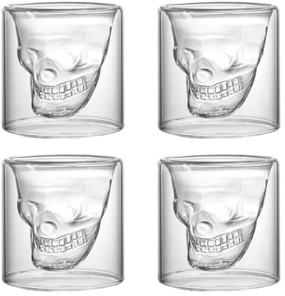 Gorise Lot de 4 verres à double paroi en cristal en forme de tête de mort, gobelets amusants en cristal pour bière fraîche, cocktail, vodka, 25 ml