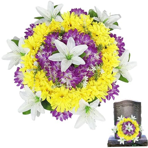 Cemetery Wreaths 14 Inch Artificial Lily Funeral Wreath with Silk Flowers, Memorial Grave Decoration for Cemetery Tombstone Outdoor Use