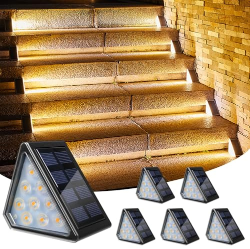 CREATESTAR Solar Treppenleuchten für Außen 6 Stück, Solarlampen für Treppe Garten Warmweiß, IP67 Wasserdicht Solar Treppenlicht für Vordertreppe Veranda Terrasse Pathway Stufen Treppen