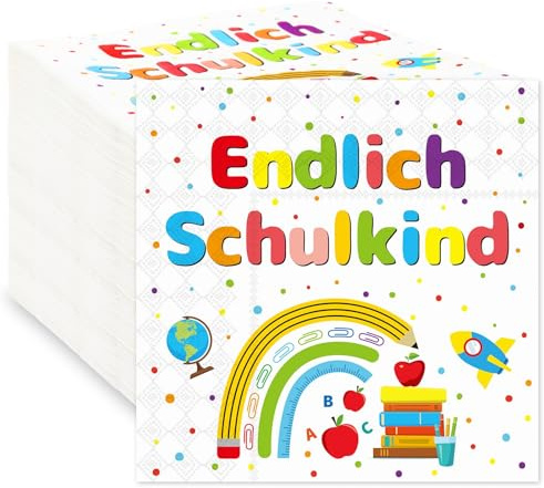 JULMELON 100 Stück Servietten Schulanfang Einschulung Servietten Deko | 33 x 33 cm, ABC, Schulanfang Tischdeko Deko Endlich Schulkind für Schüler Party Mädchen Jungen