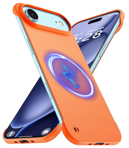 GRECAZO Magnetic Slim Case Fit for 17 Air Phone Case 6.6(2025) Ultra-Thin Lightweight Durable Frameless Matte Hard for MagSafe Cover Case with Pull Ring Shockproof Non Slip Rope-Orange