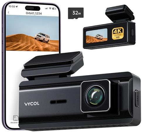 Vycol Dash Cam Front, 4K dash cam with Parking Monitor, car camera dash cam with free 32GB Card, Night Vision, 150°Wide Angle, Loop Recording, App Controlled, Voice Control, G Sensor