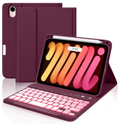 Cousper Funda con teclado para iPad mini 7 A17 Pro 2024/iPad Mini 6 generación con teclado 2021 de 8.3 pulgadas, soporte para lápices, cubierta de teclado desmontable retroiluminada de 7 colores para