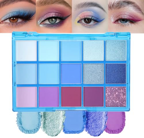 Teekerwang 15 Colors Green Matte Eyeshadow Blue Purple Eyeshadow Palette, Highly Pigmented Shimmer Metallic Eye Shadow Pallets, Long-lasting Waterproof Make up Pallet for Women (Blue)